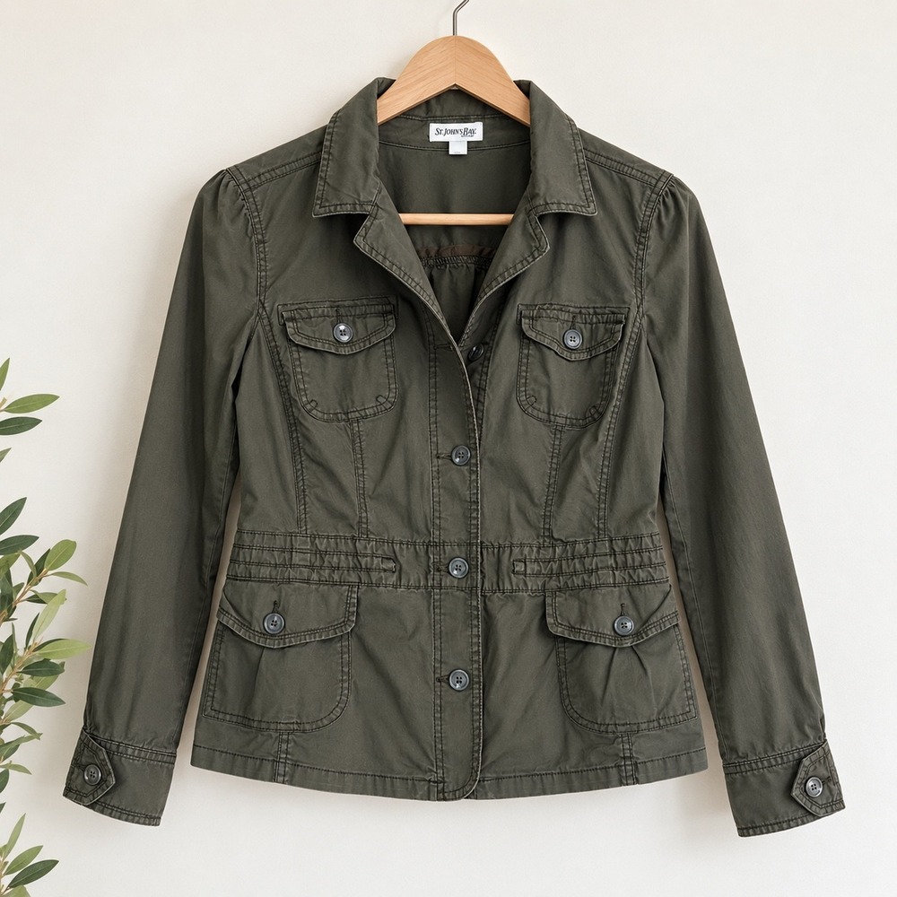St. Johns Bay Womens Olive Green Utility Safari Jacket Size M Cotton Blend
